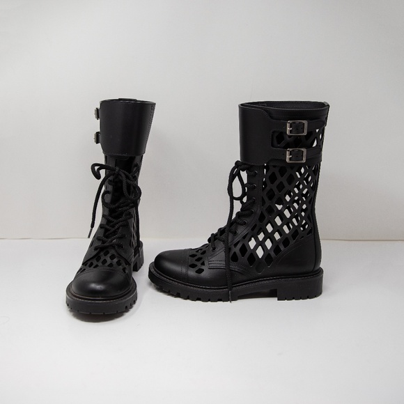 Christian Dior Fishnet Cutout Lattice Leather D-Trap Buckle Mid Calf Boots Black - Picture 1 of 6